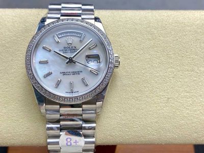 8+ Factory ROLEX Day-Date Replica with Diamond Bezel 36mm Baguette Markers White MOP Dial Watch
